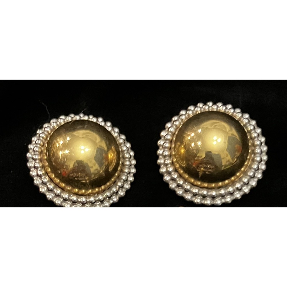 Vtg Estate Gold Tone Mirror Dome Orb w/ Silver Beaded Border Clip On Earrings